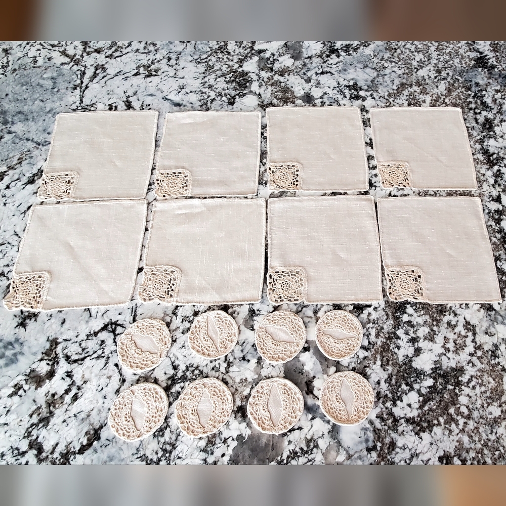 Vintage Irish Linen Crochet Napkin+Coaster Set, 8 Of Each, Tan Never Used